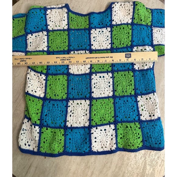 Handmade Crochet Medium Short-Sleeve Patchwork Cardigan Sweater In Blue Green & - Picture 6 of 8
